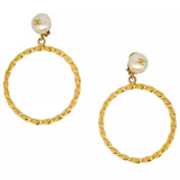 Chanel Hoop Earrings Gold Artificial Pearl Clip-On - Picture 1 of 4
